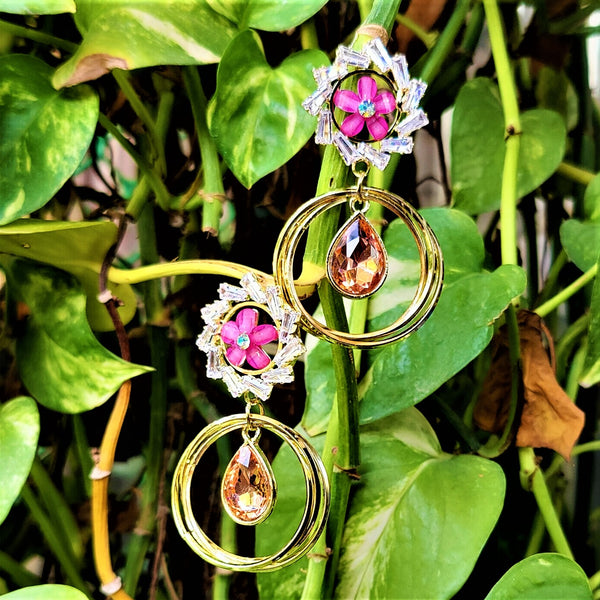 Flower Pattern Glass Stone Earrings Pink Jewelry Ear Rings Earrings Agtukart