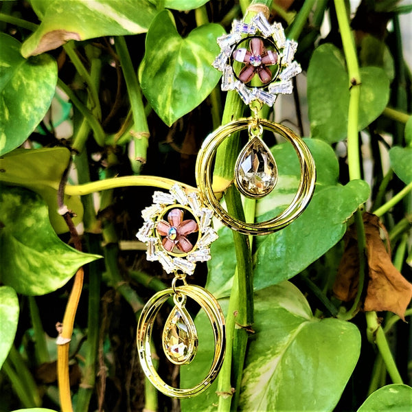 Flower Pattern Glass Stone Earrings Brown Jewelry Ear Rings Earrings Agtukart