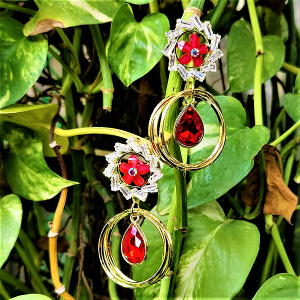Flower Pattern Glass Stone Earrings Red Jewelry Ear Rings Earrings Agtukart