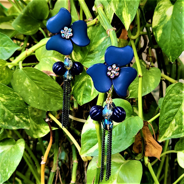 Big flower and Round Bead Earrings Blue Jewelry Ear Rings Earrings Agtukart