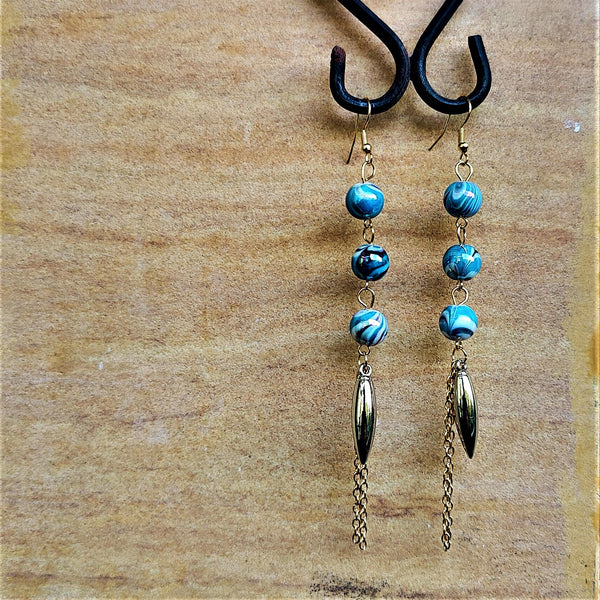 Three Bead Long Dangler Blue Jewelry Ear Rings Earrings Agtukart