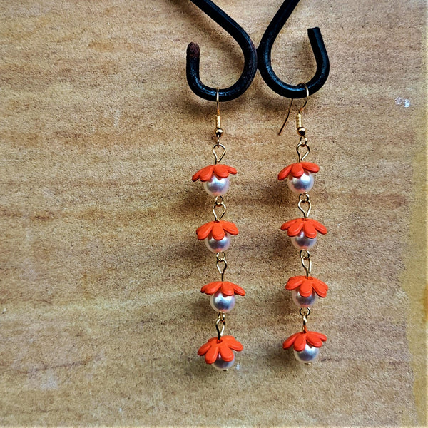 Flower and Bead Dangler Orange Jewelry Ear Rings Earrings Agtukart
