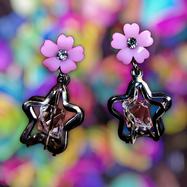 Flower & Star Crystal Earrings Pink Jewelry Ear Rings Earrings Agtukart