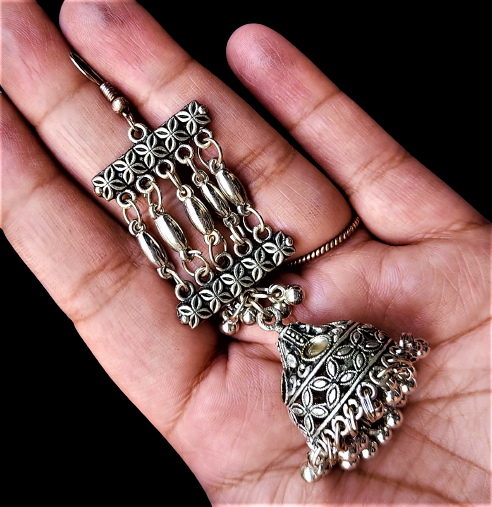 Oxidized Silver Jhumkis with mirror work Jewelry Ear Rings Earrings Agtukart