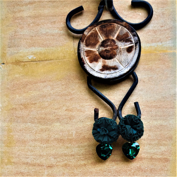 Ruffle Pom pom and Glass Stone Earrings Green Jewelry Ear Rings Earrings Agtukart