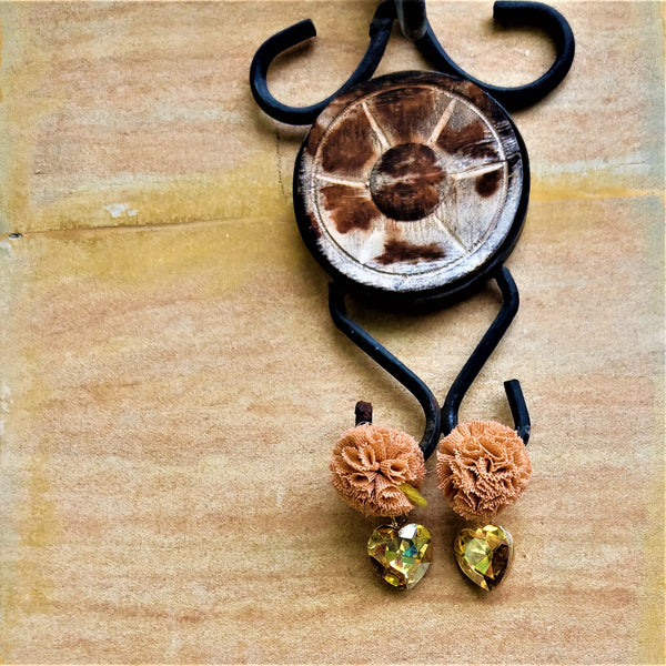 Ruffle Pom pom and Glass Stone Earrings Beige Jewelry Ear Rings Earrings Agtukart