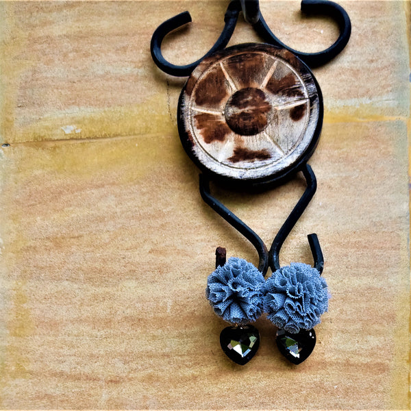 Ruffle Pom pom and Glass Stone Earrings Grey Jewelry Ear Rings Earrings Agtukart