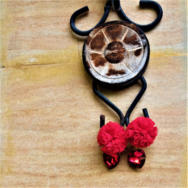 Ruffle Pom pom and Glass Stone Earrings Red Jewelry Ear Rings Earrings Agtukart