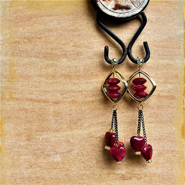 Heart shaped Beads, Long length Dangles Cherry Red Jewelry Ear Rings Earrings Agtukart